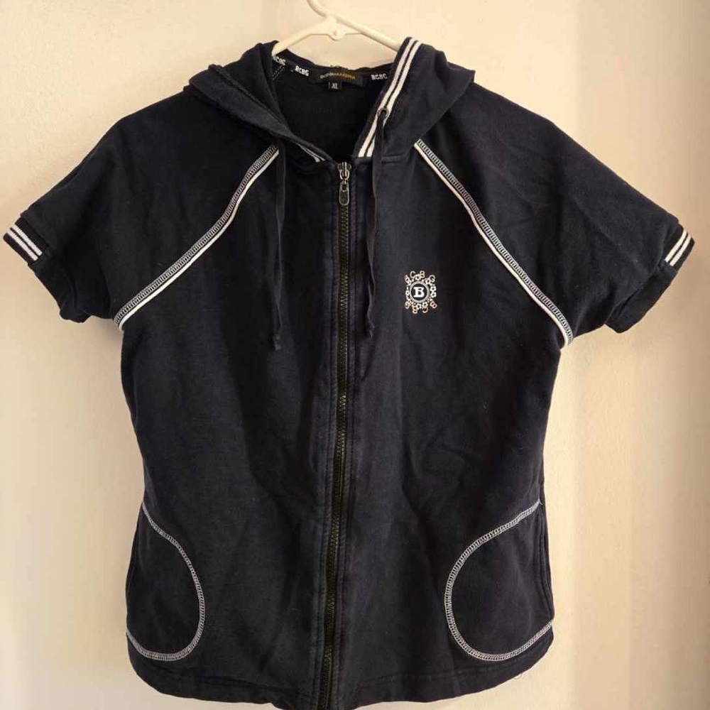BCBGMaxAzria Black Short Sleeve Zippered Hoodie with White Trim